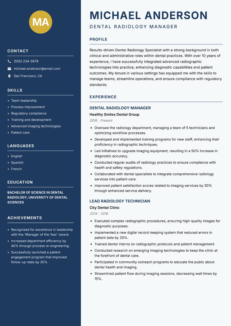 Dental Radiology Specialist resume sample — Dental Radiology Manager focus