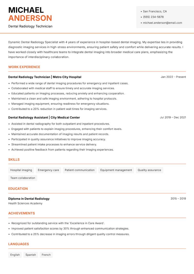 Dental Radiology Specialist resume sample — Dental Radiology Technician focus