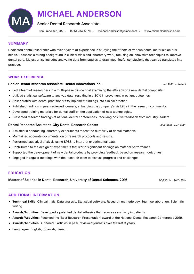 Dental Researcher resume example