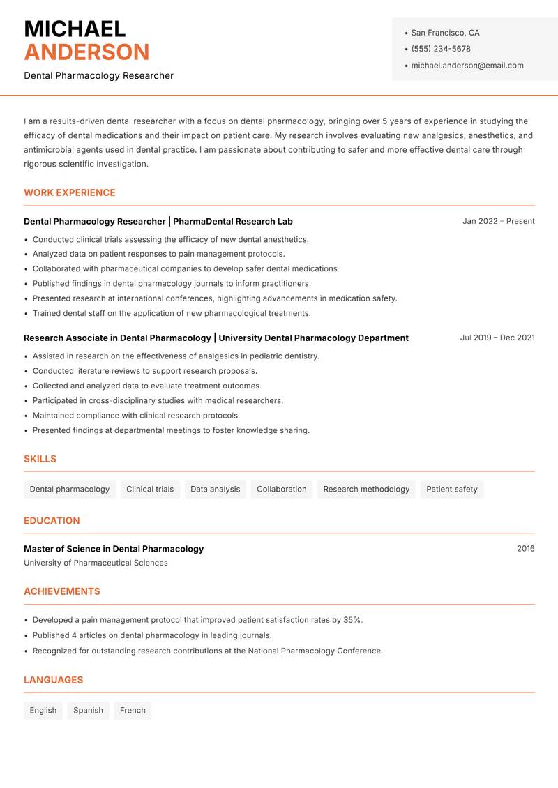 Dental Researcher resume sample — Dental Pharmacology Researcher focus
