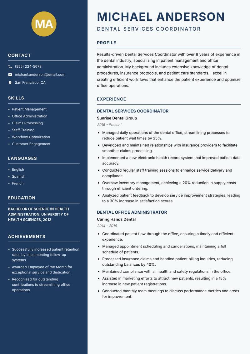 Dental Services Coordinator resume sample — Dental Services Coordinator focus