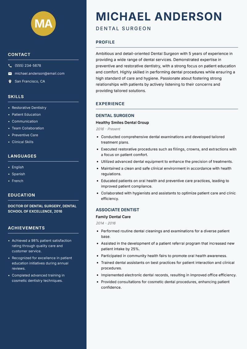Dental Surgeon resume sample — Dental Surgeon focus