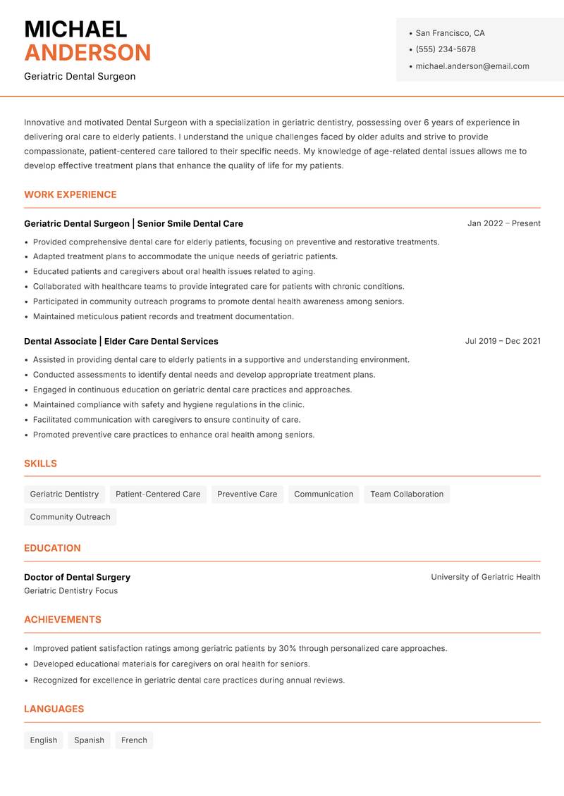 Dental Surgeon resume sample — Geriatric Dental Surgeon focus