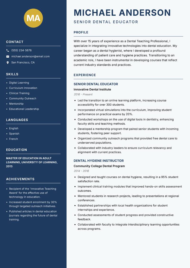 Dental Teaching Professional resume sample — Senior Dental Educator focus