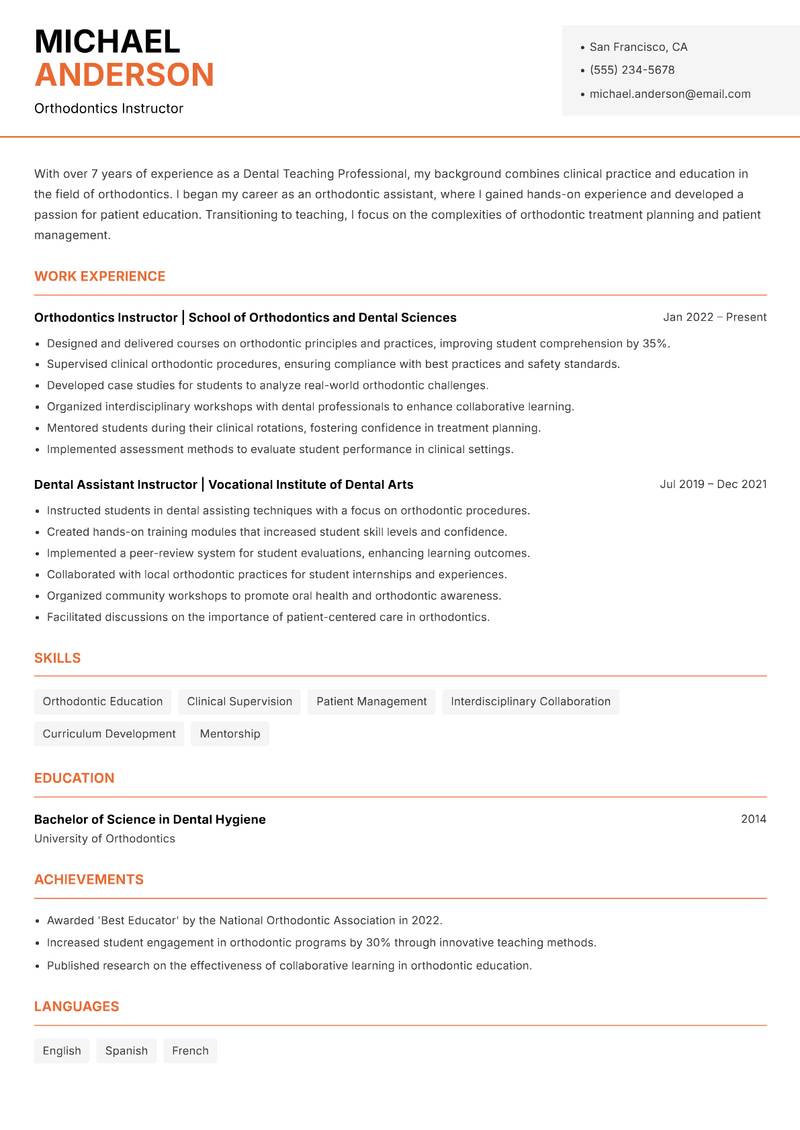 Dental Teaching Professional resume sample — Orthodontics Instructor focus