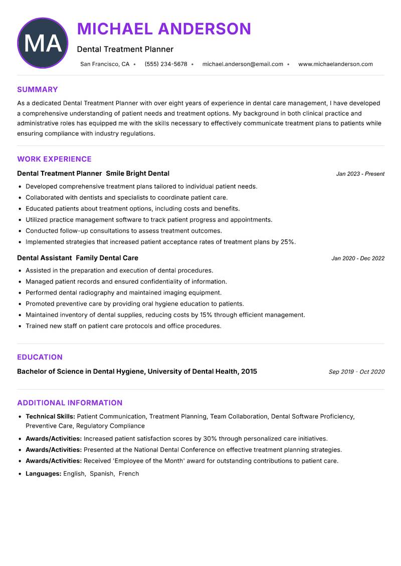 Dental Treatment Planner resume example