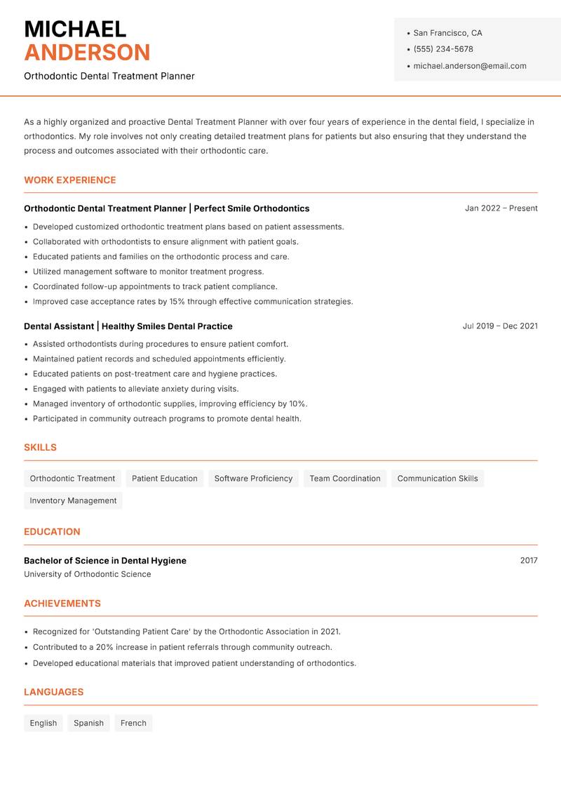 Dental Treatment Planner resume sample — Orthodontic Dental Treatment Planner focus