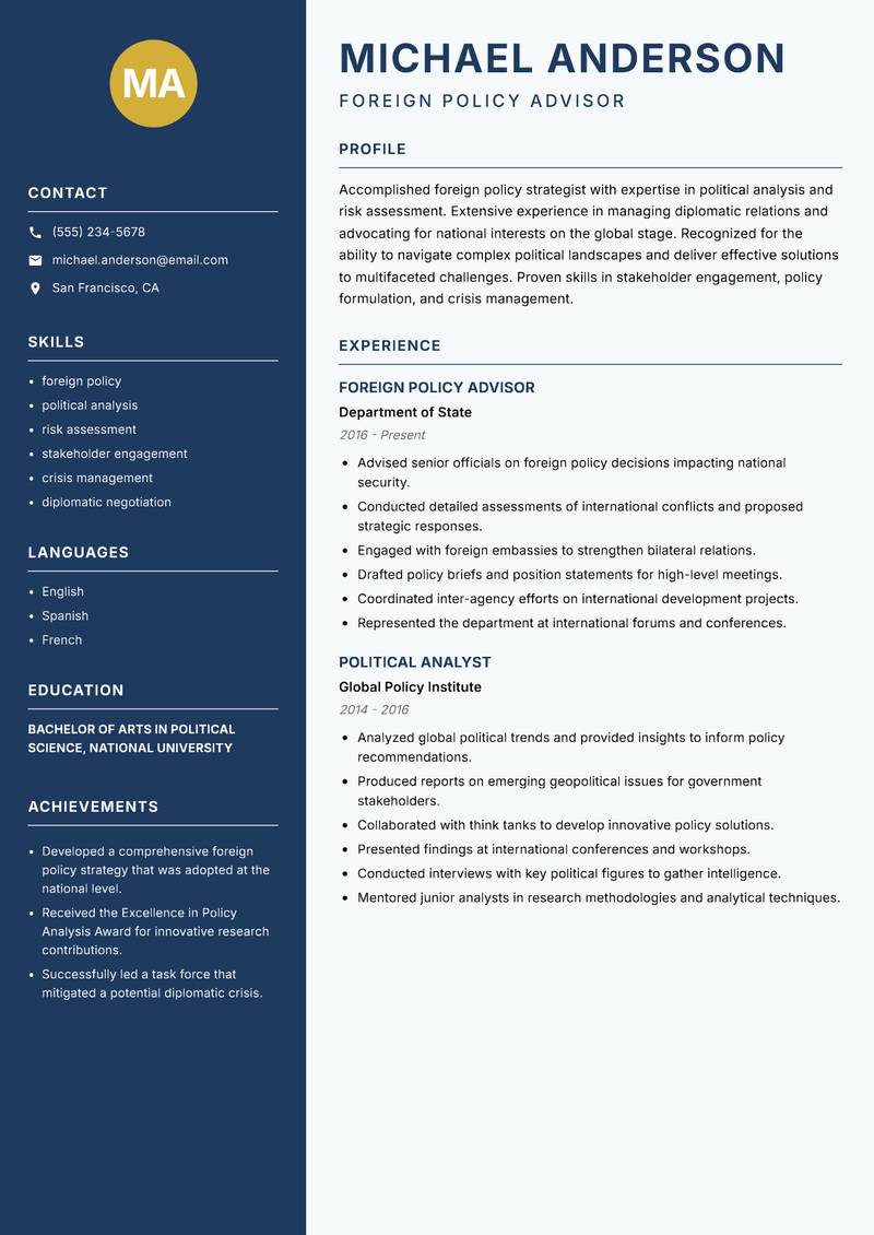 Deputy Consul resume sample — Foreign Policy Advisor focus