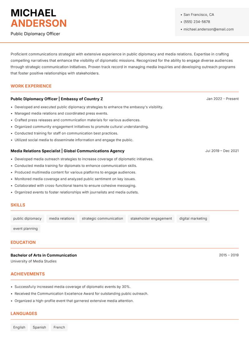 Deputy Consul resume sample — Public Diplomacy Officer focus