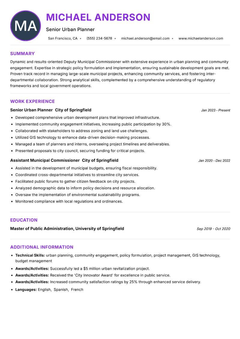 Deputy Municipal Commissioner resume example