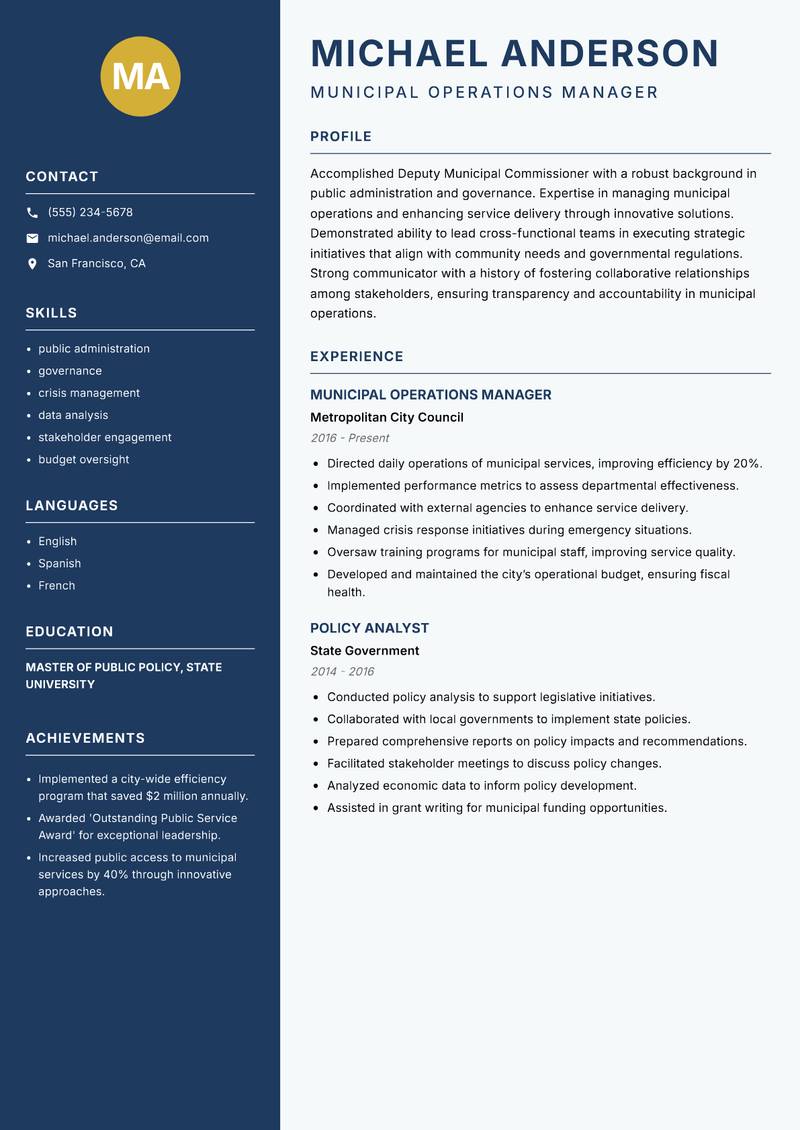 Deputy Municipal Commissioner resume sample — Municipal Operations Manager focus