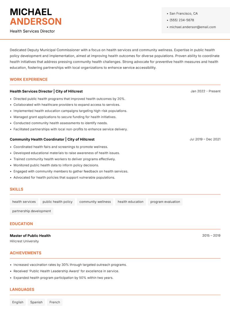 Deputy Municipal Commissioner resume sample — Health Services Director focus