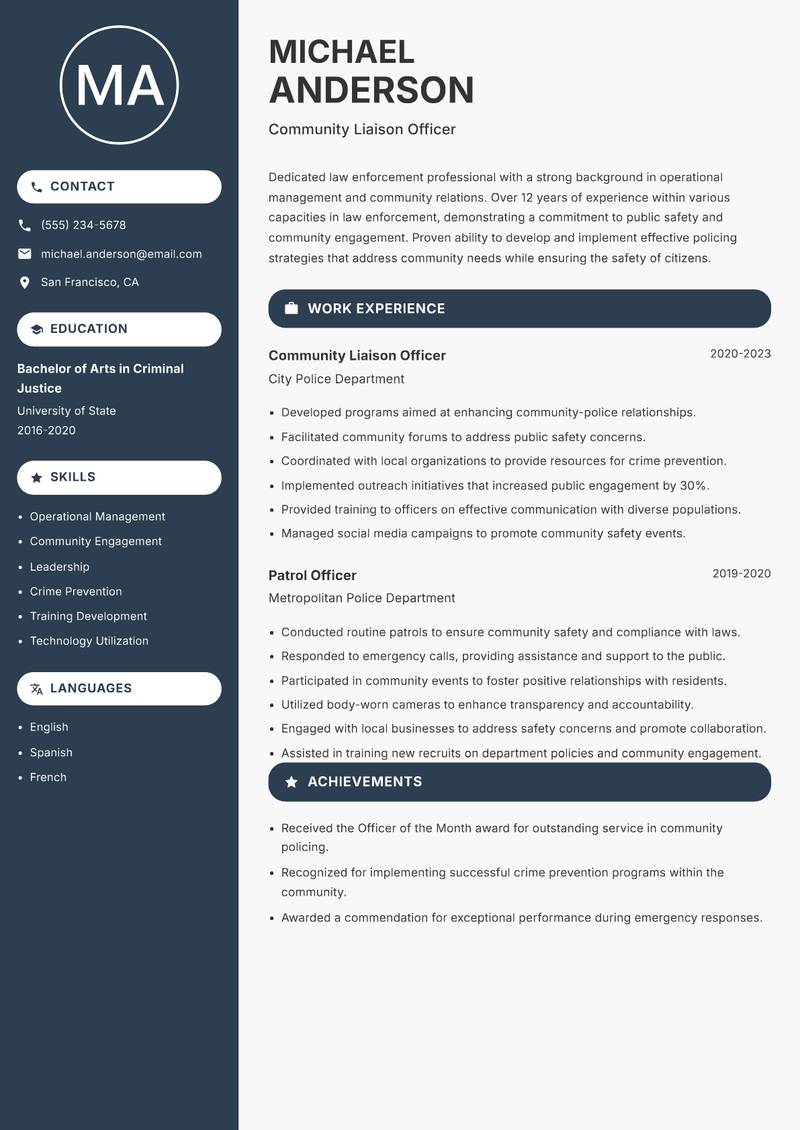 Deputy Police Commissioner resume sample — Community Liaison Officer focus