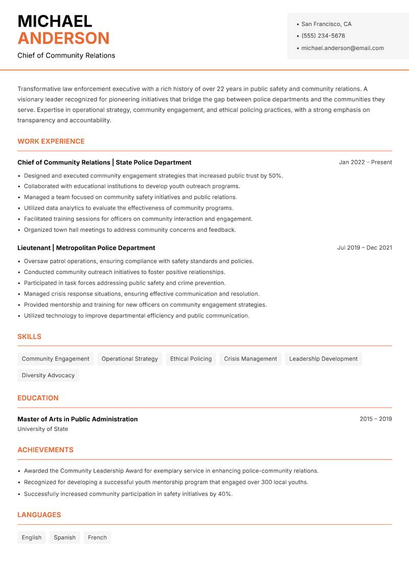 Deputy Police Commissioner resume sample — Chief of Community Relations focus