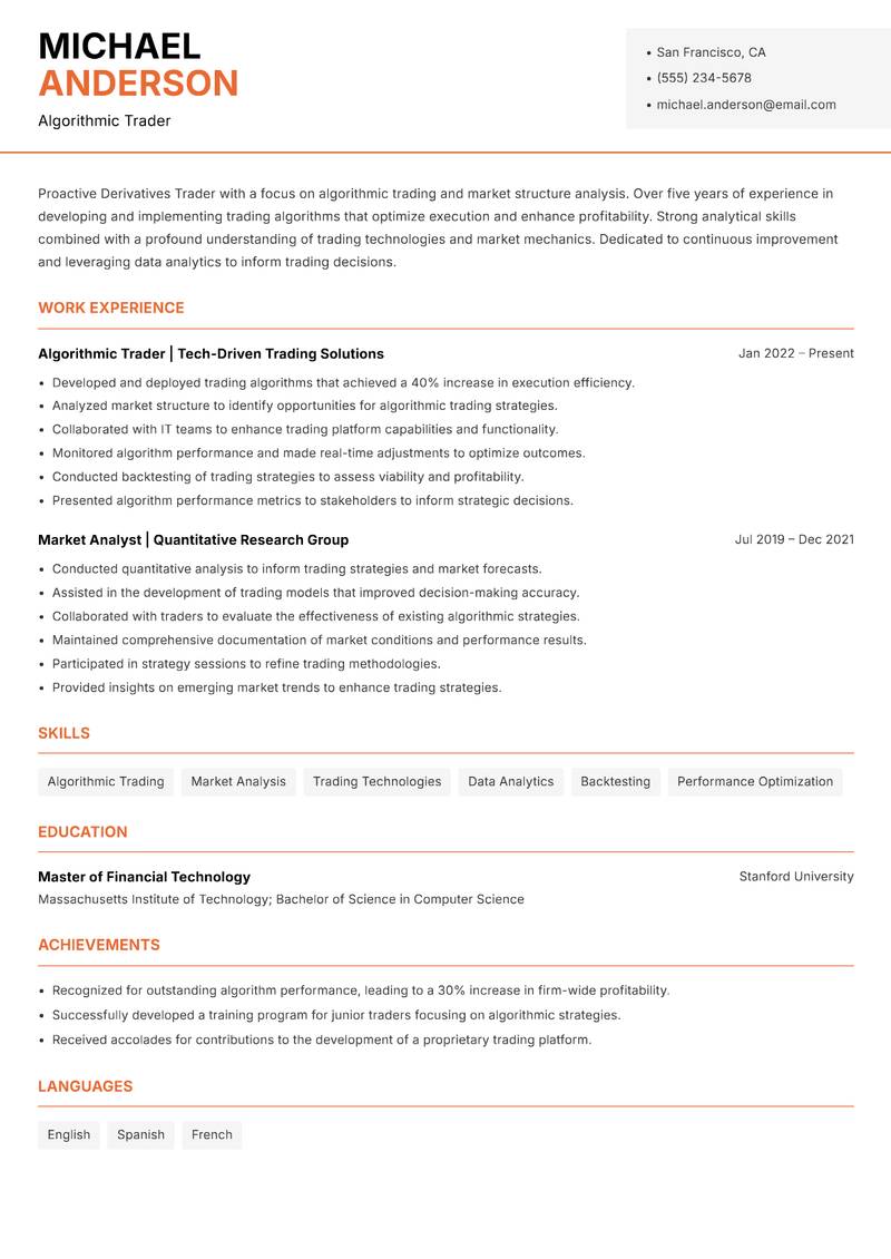 Derivatives Trader resume sample — Algorithmic Trader focus