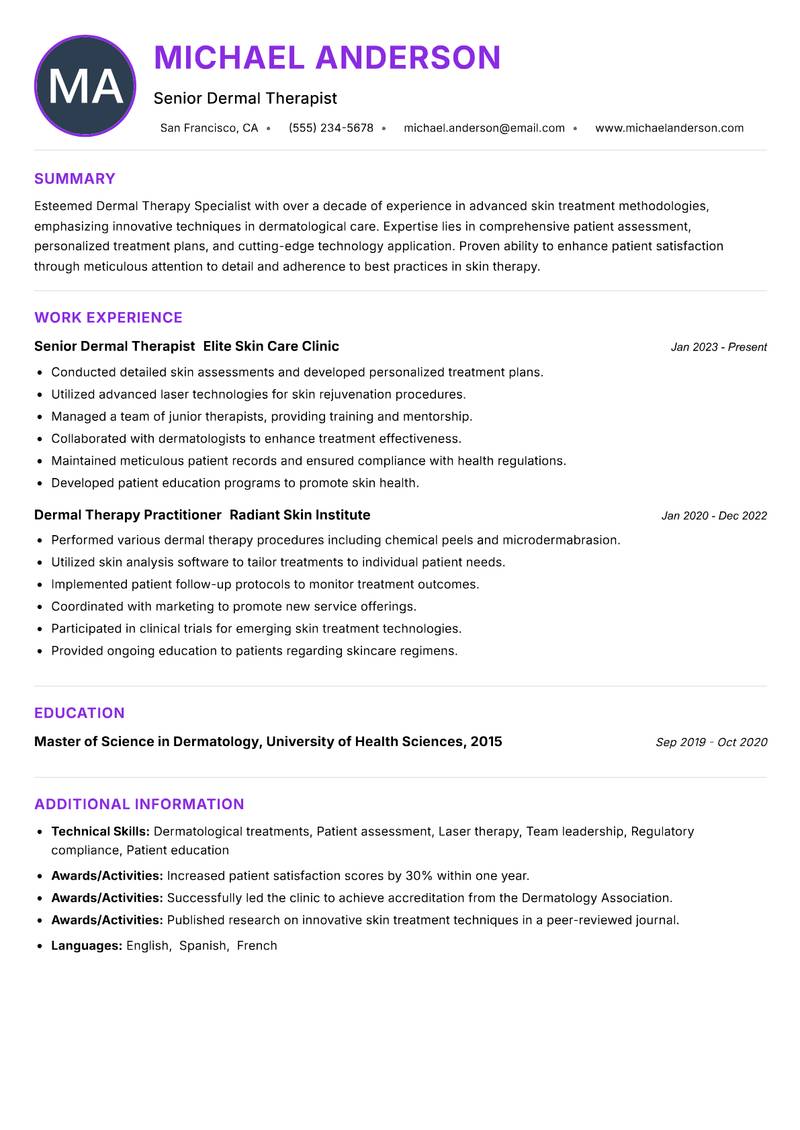 Dermal Therapy Specialist resume example
