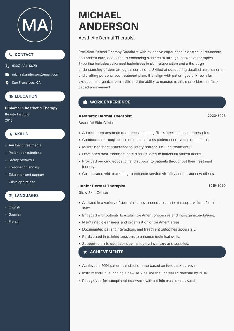 Dermal Therapy Specialist resume sample — Aesthetic Dermal Therapist focus