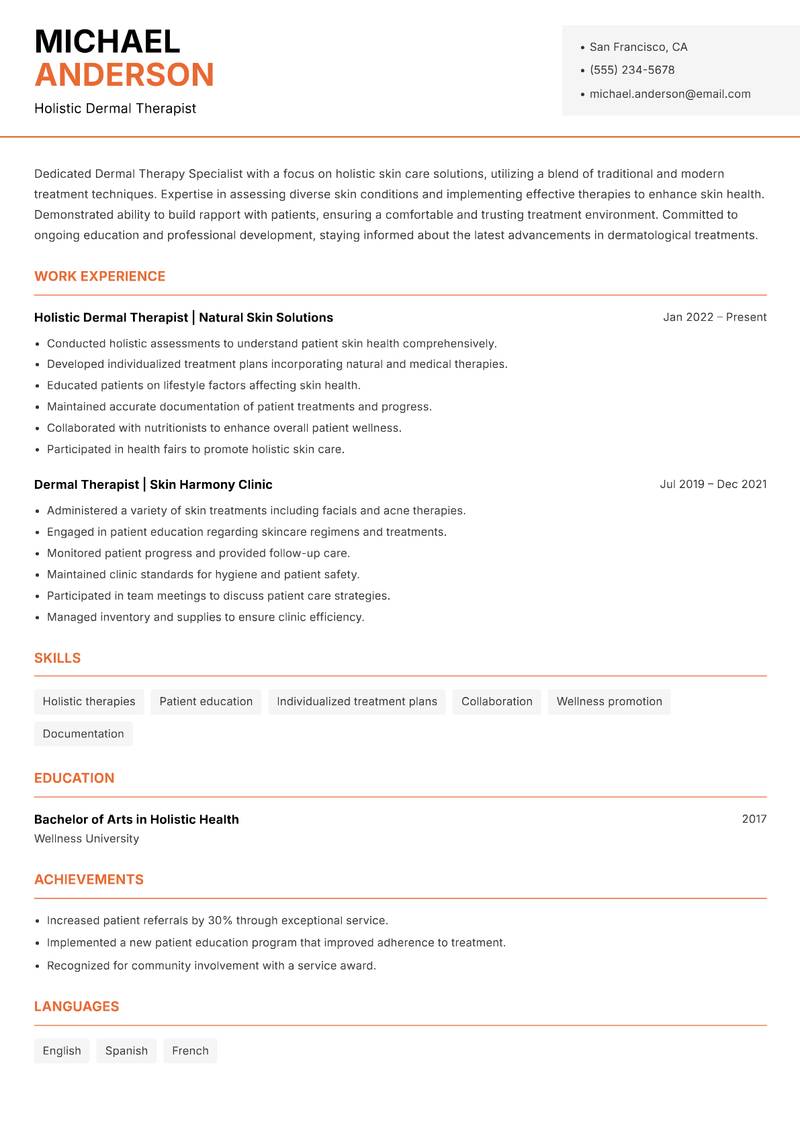 Dermal Therapy Specialist resume sample — Holistic Dermal Therapist focus