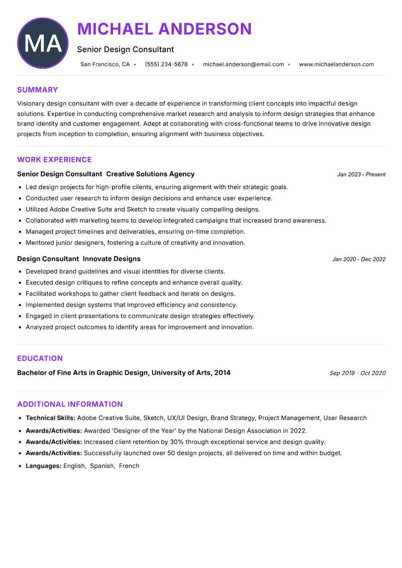 Design Consultant resume example
