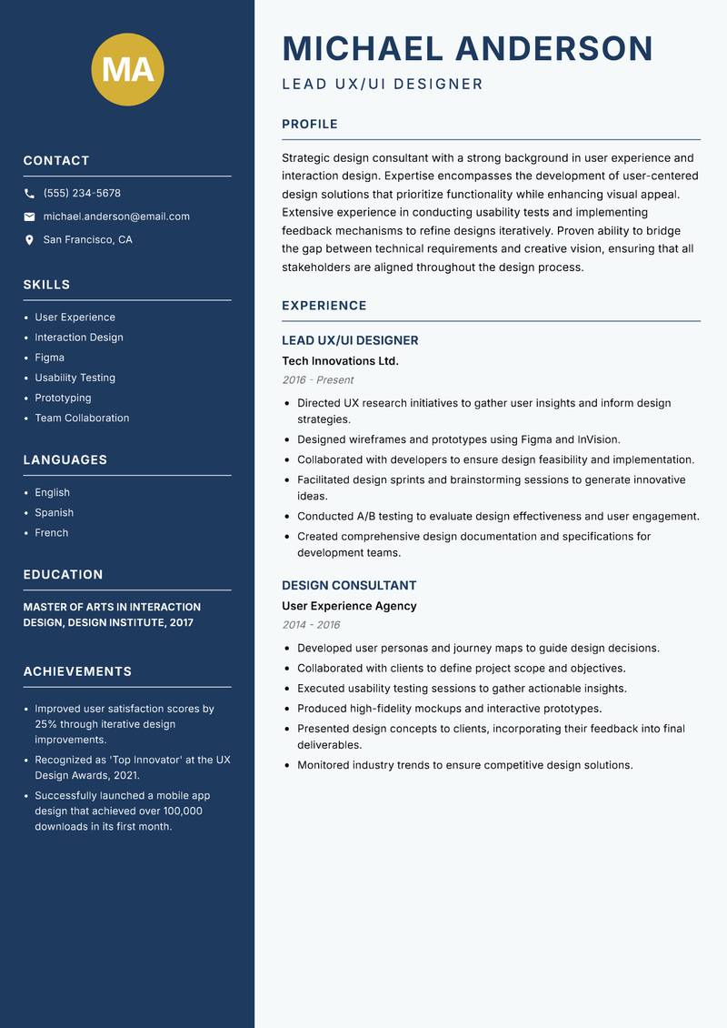 Design Consultant resume sample — Lead UX/UI Designer focus