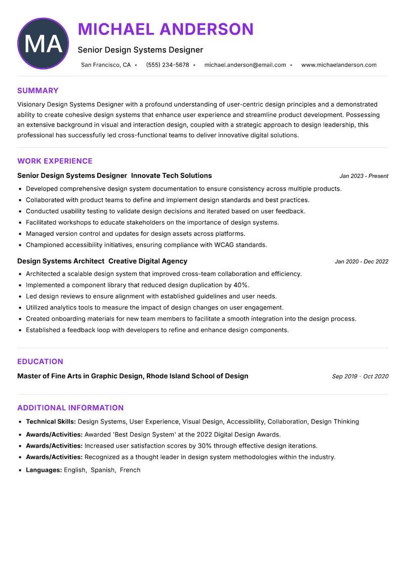 Design Systems Designer resume example