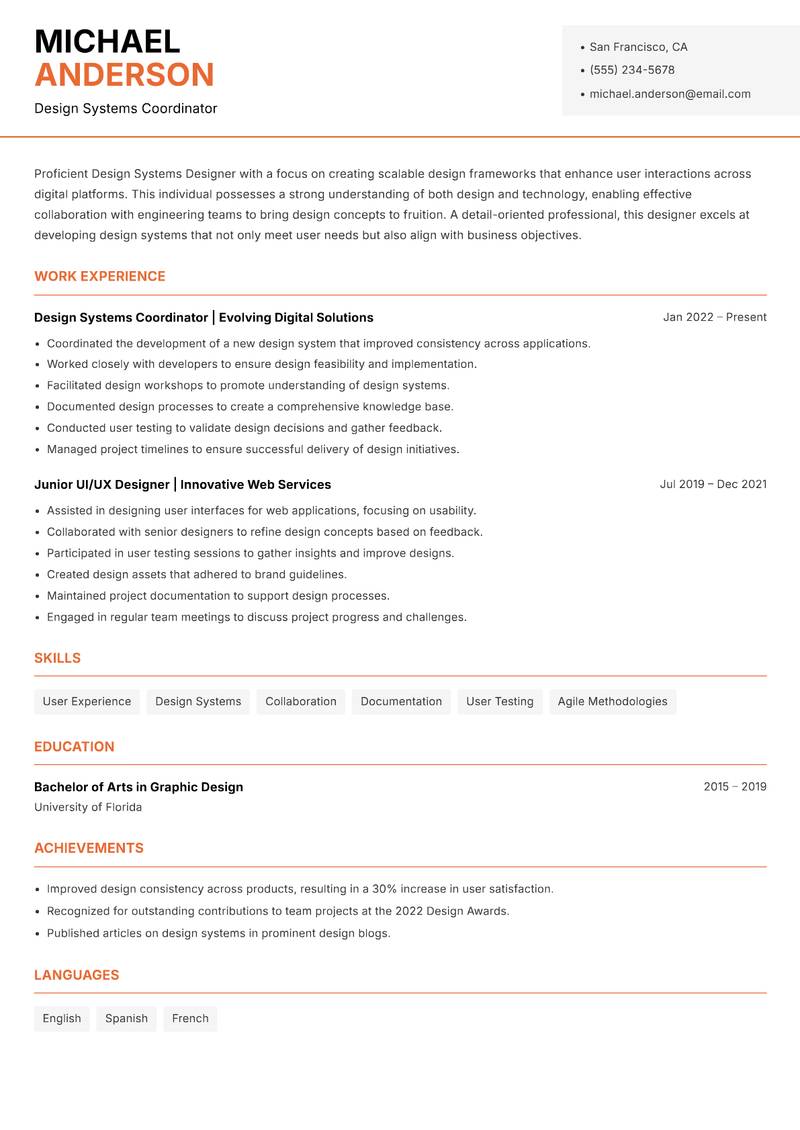 Design Systems Designer resume sample — Design Systems Coordinator focus