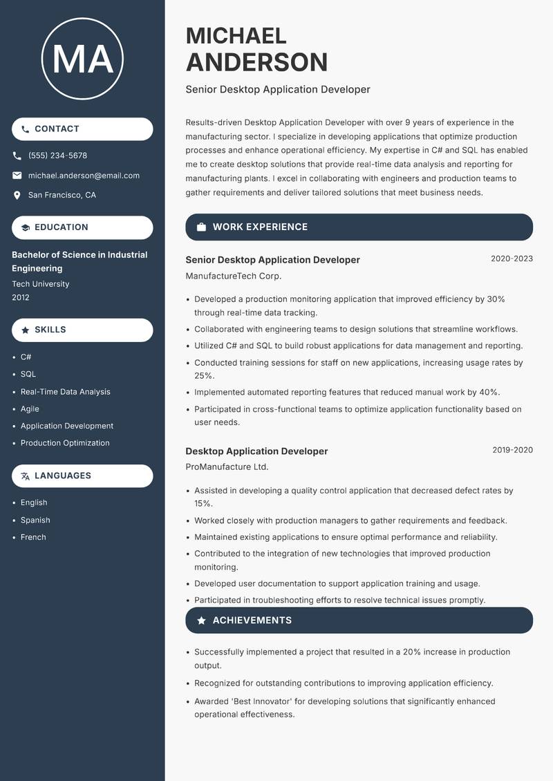 Desktop Application Developer resume sample — Senior Desktop Application Developer focus