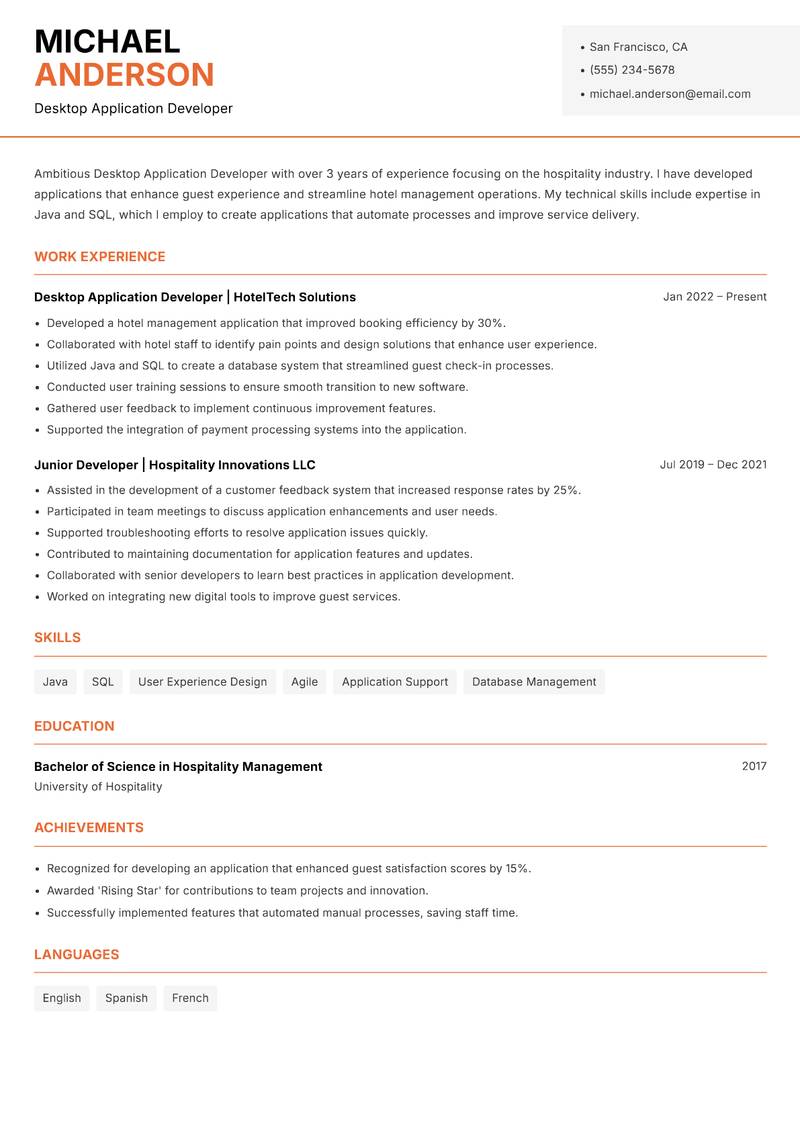 Desktop Application Developer resume sample — Desktop Application Developer focus