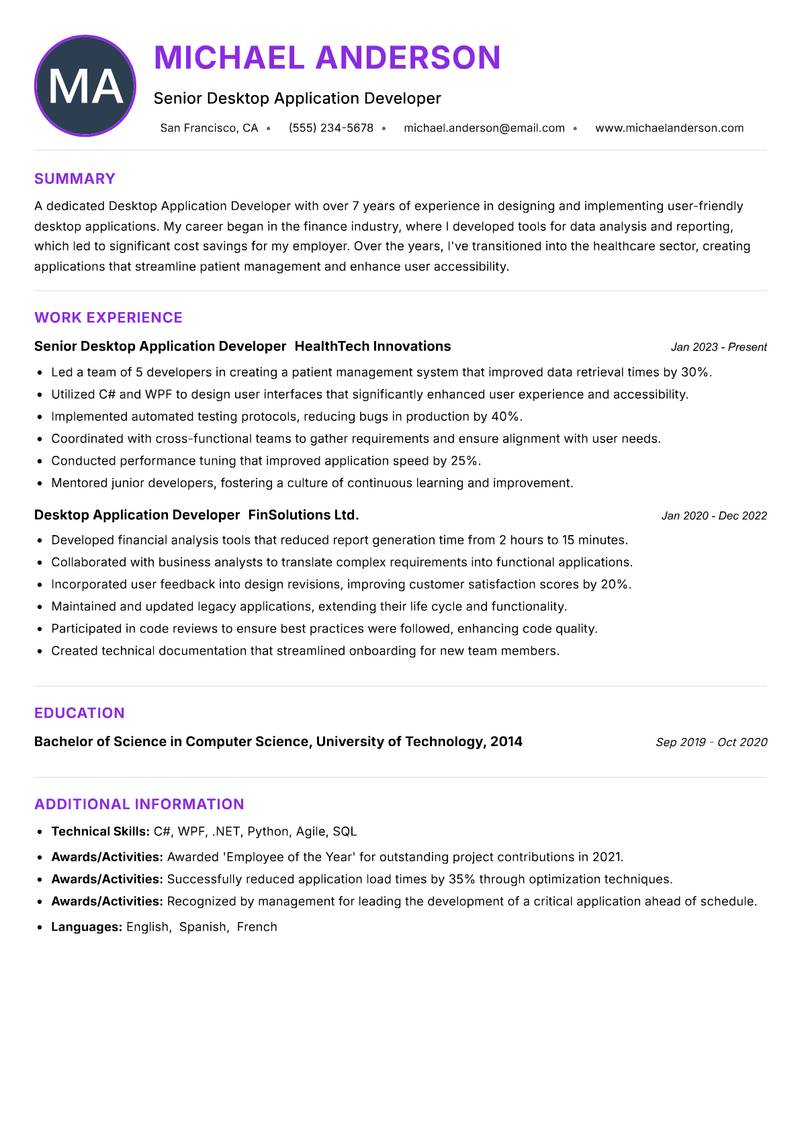 Desktop Application Developer resume example