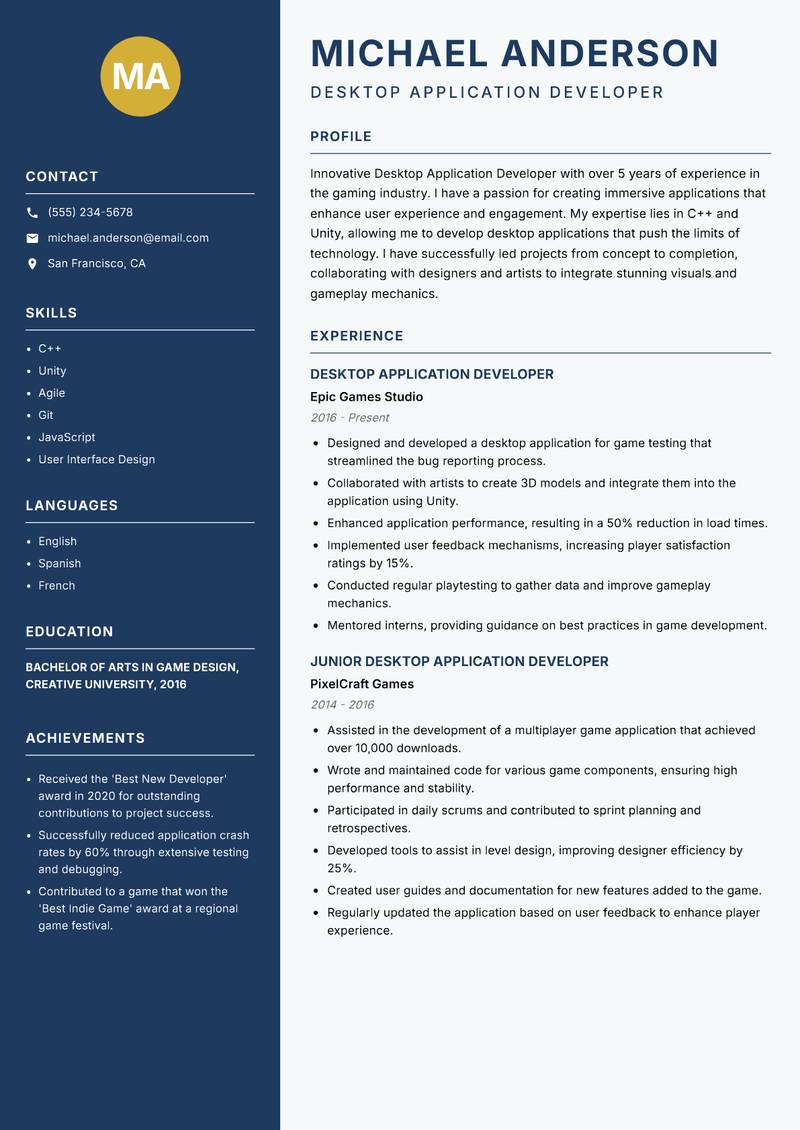 Desktop Application Developer resume sample — Desktop Application Developer focus