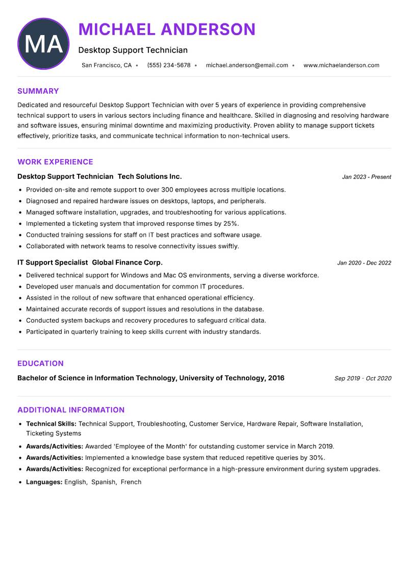Desktop Support Technician resume example