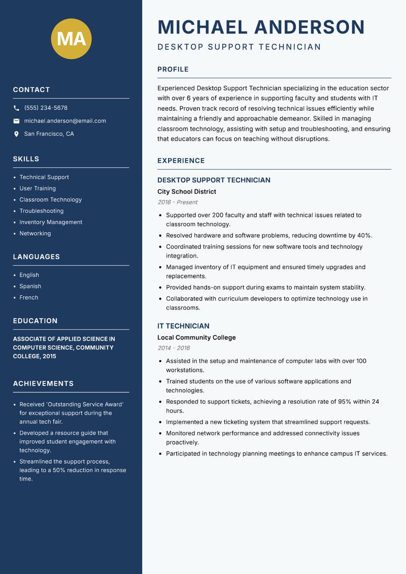 Desktop Support Technician resume sample — Desktop Support Technician focus