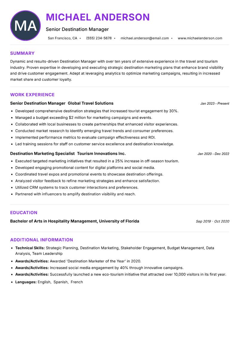 Destination Manager resume example