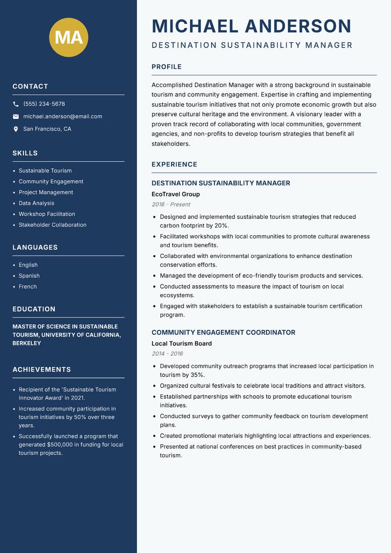 Destination Manager resume sample — Destination Sustainability Manager focus