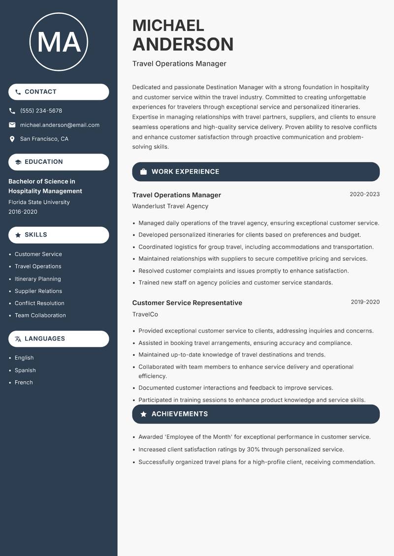 Destination Manager resume sample — Travel Operations Manager focus