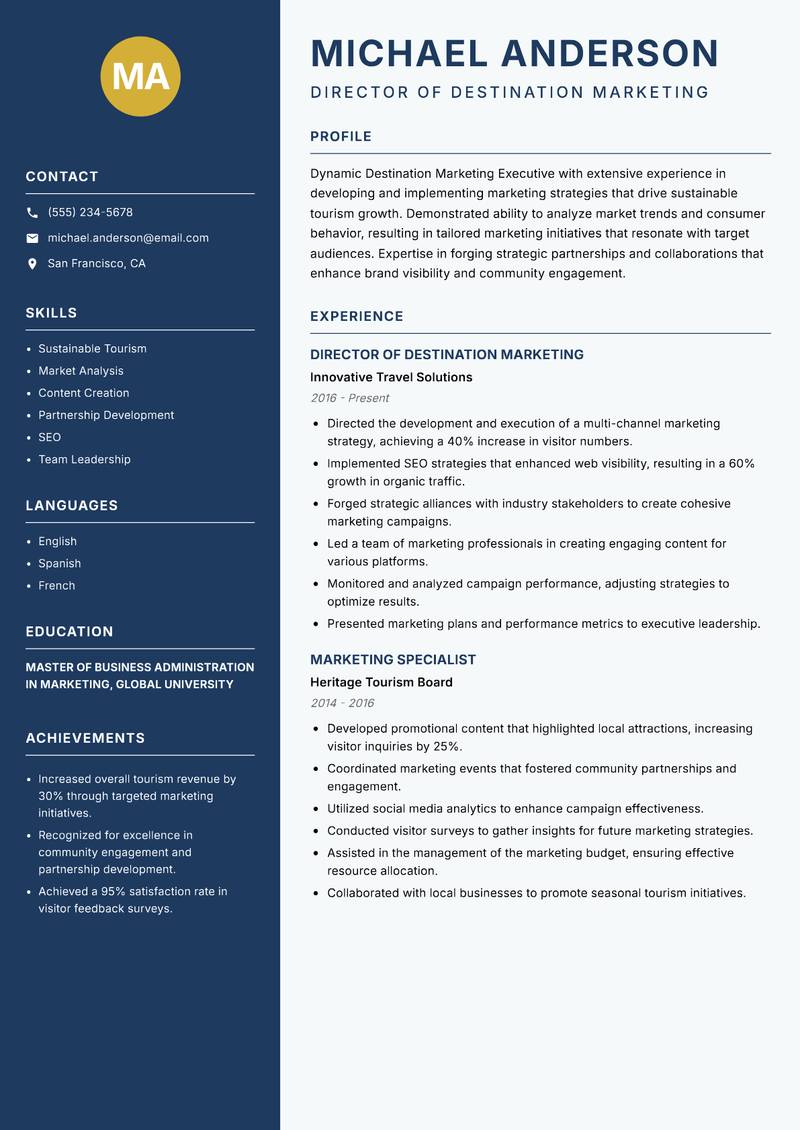 Destination Marketing Executive resume sample — Director of Destination Marketing focus