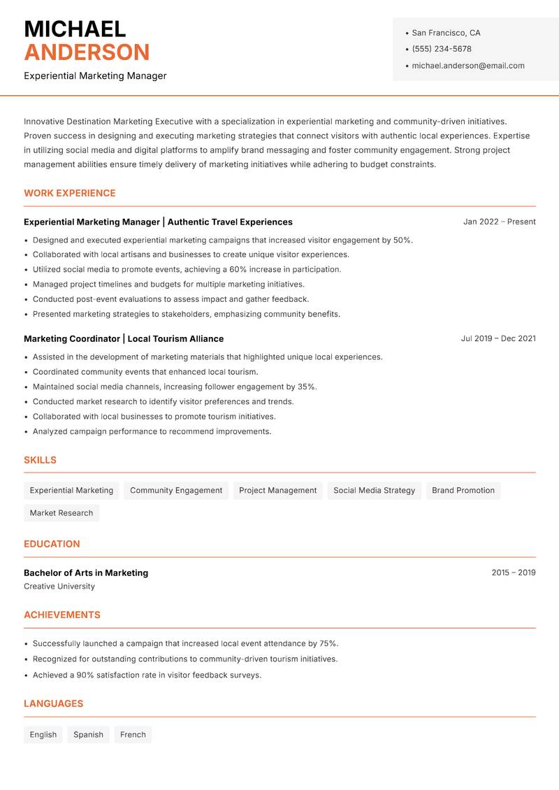 Destination Marketing Executive resume sample — Experiential Marketing Manager focus