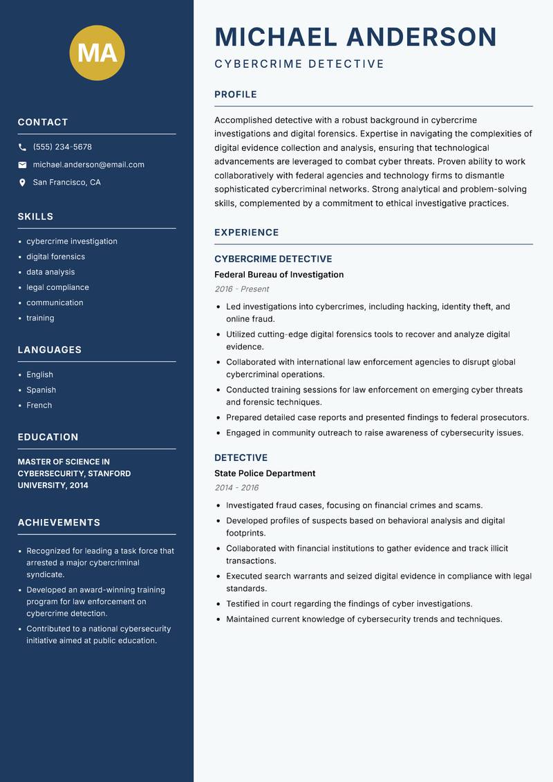 Detective resume sample — Cybercrime Detective focus