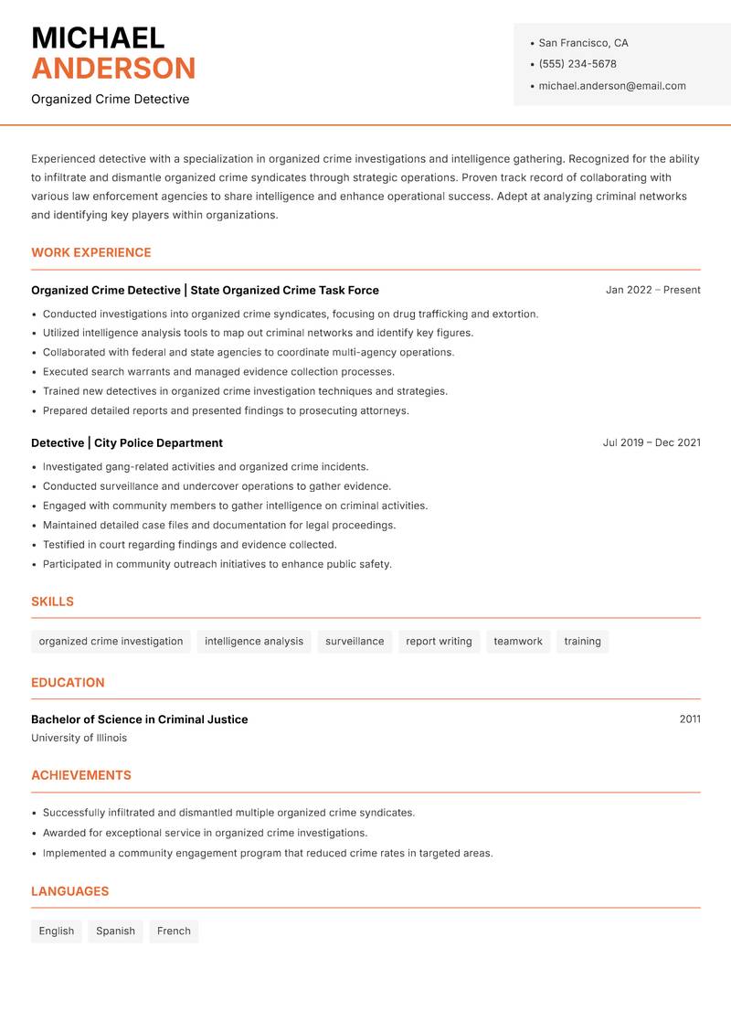 Detective resume sample — Organized Crime Detective focus