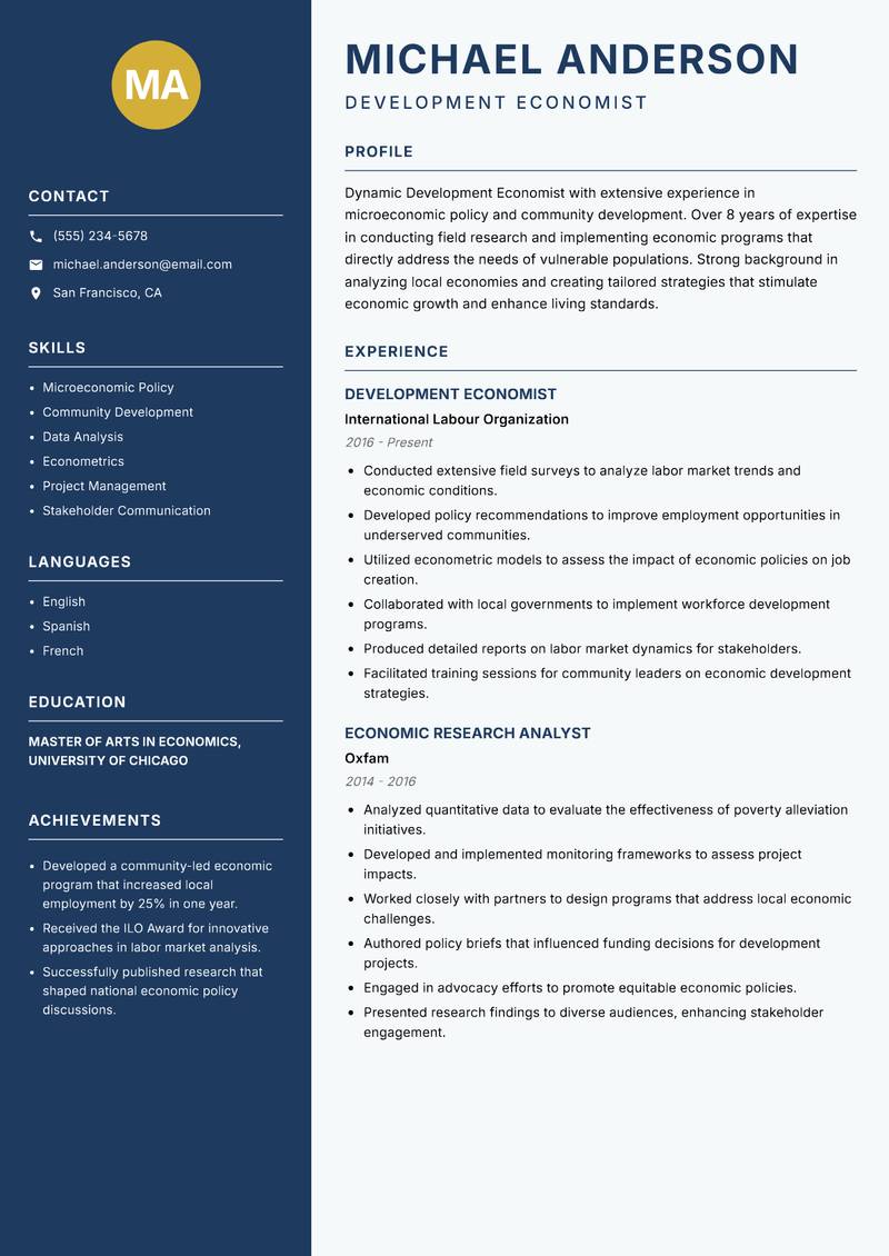 Development Economist resume sample — Development Economist focus