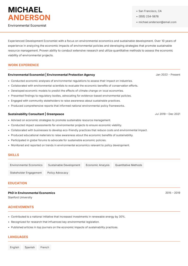 Development Economist resume sample — Environmental Economist focus
