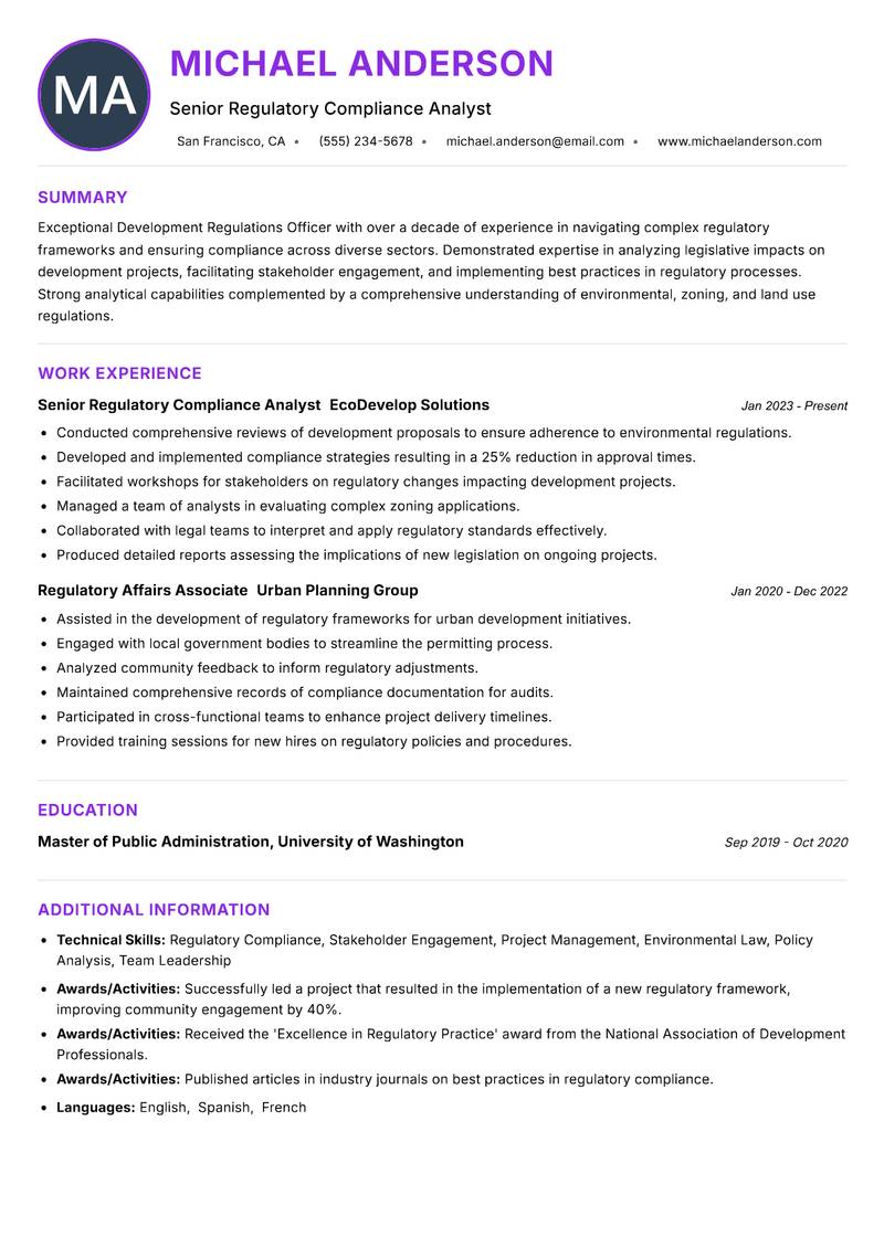 Development Regulations Officer resume example