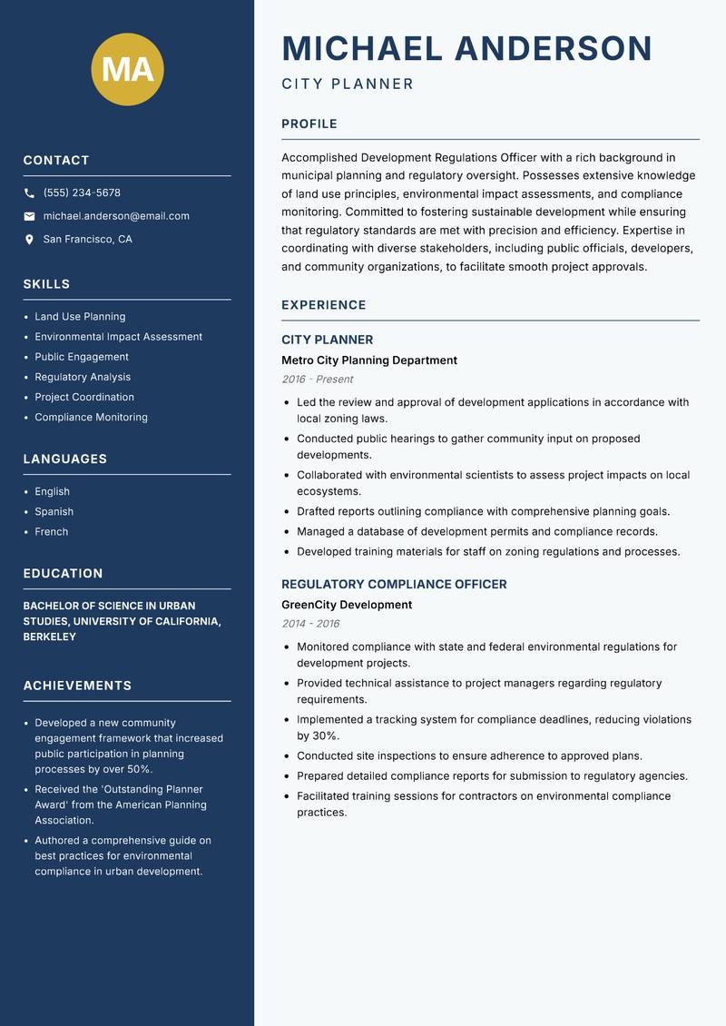 Development Regulations Officer resume sample — City Planner focus
