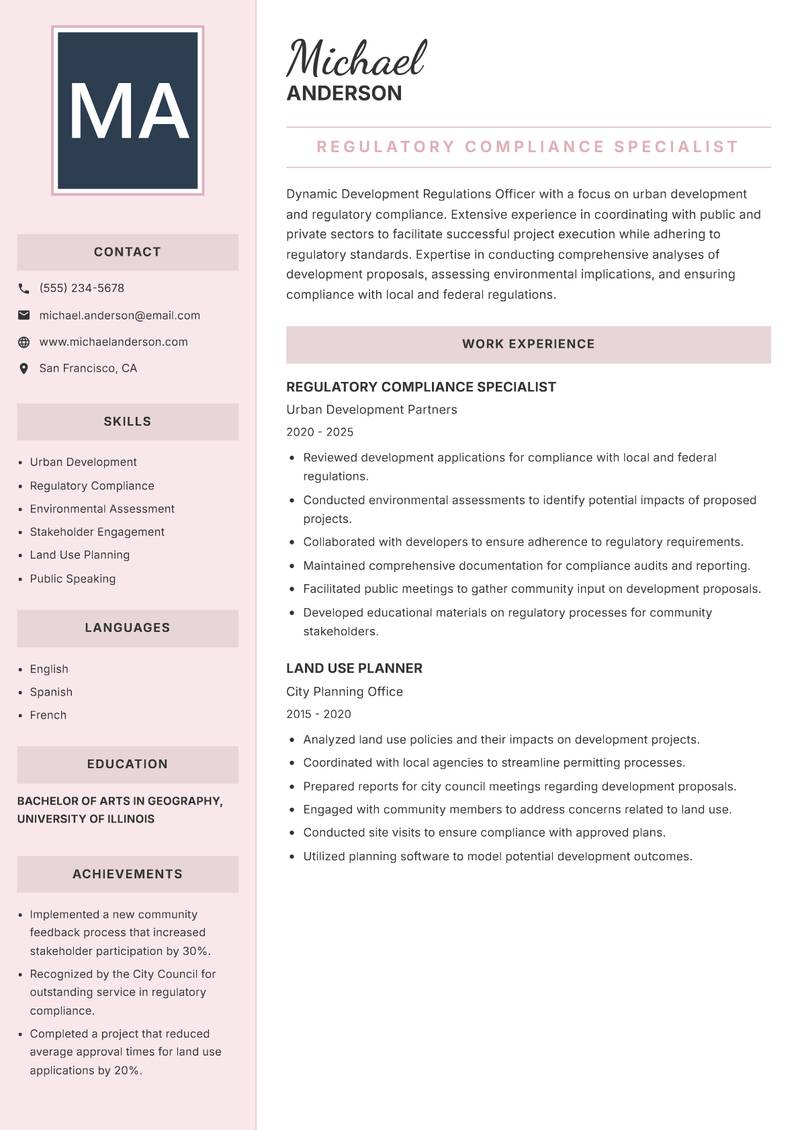 Development Regulations Officer resume sample — Regulatory Compliance Specialist focus