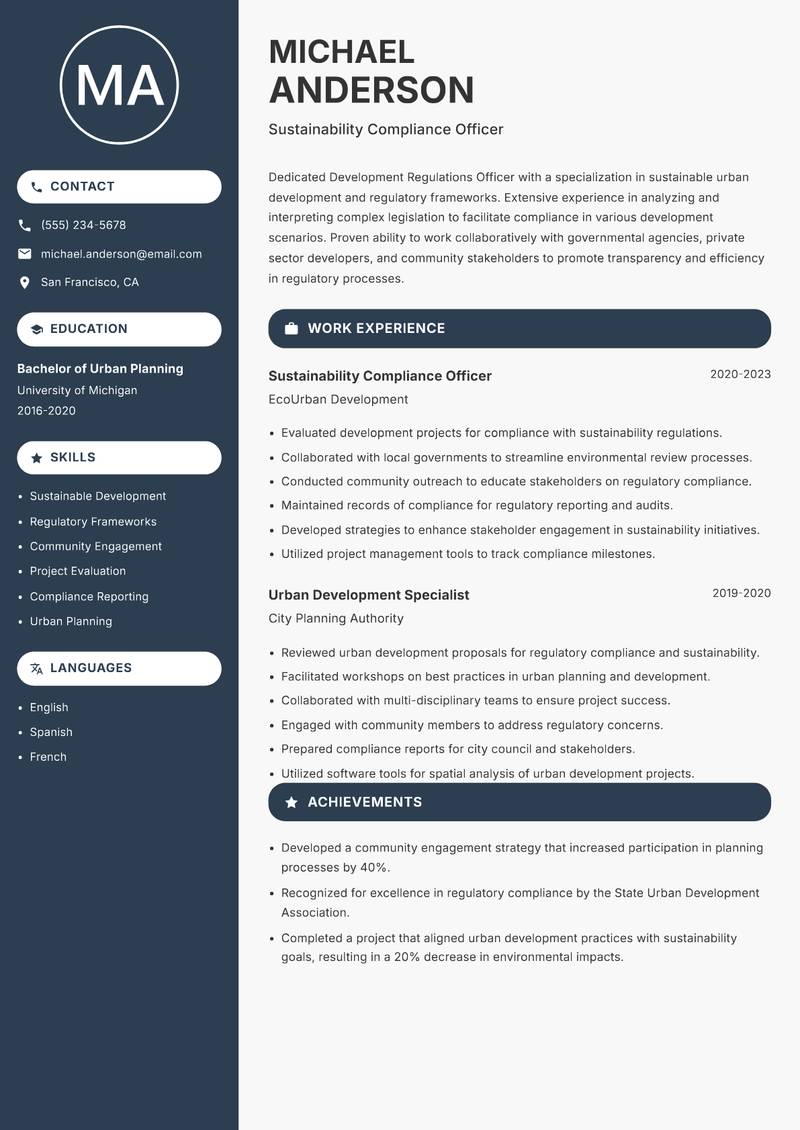Development Regulations Officer resume sample — Sustainability Compliance Officer focus