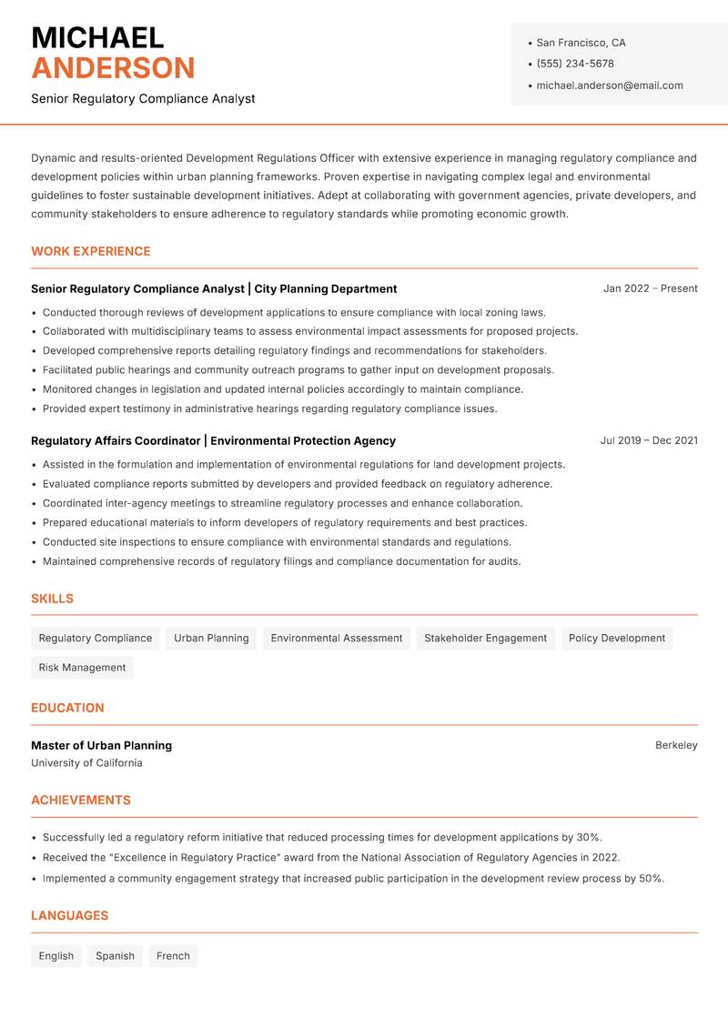 Development Regulations Officer resume sample — Senior Regulatory Compliance Analyst focus