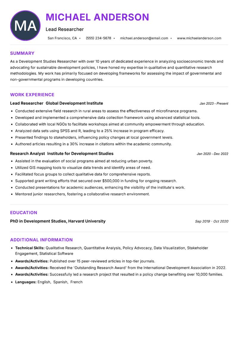 Development Studies Researcher resume example
