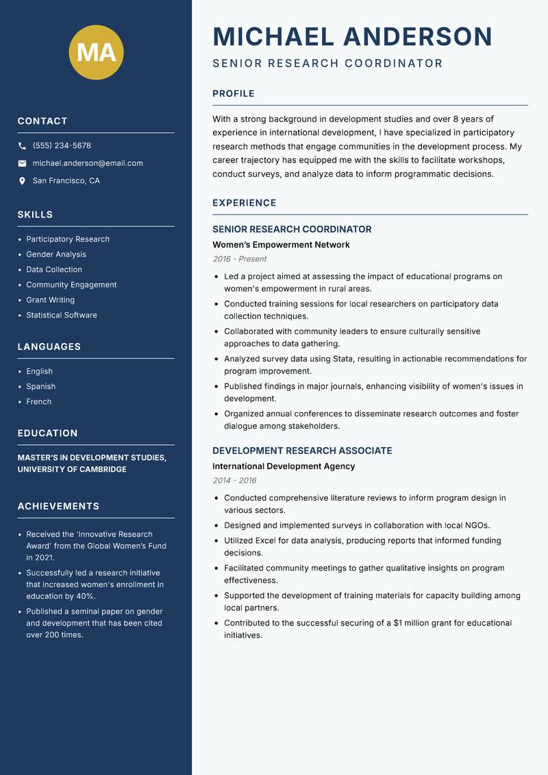 Development Studies Researcher resume sample — Senior Research Coordinator focus