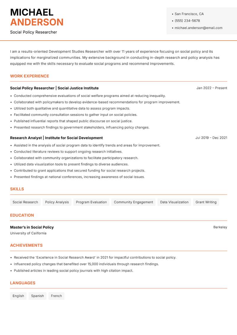 Development Studies Researcher resume sample — Social Policy Researcher focus