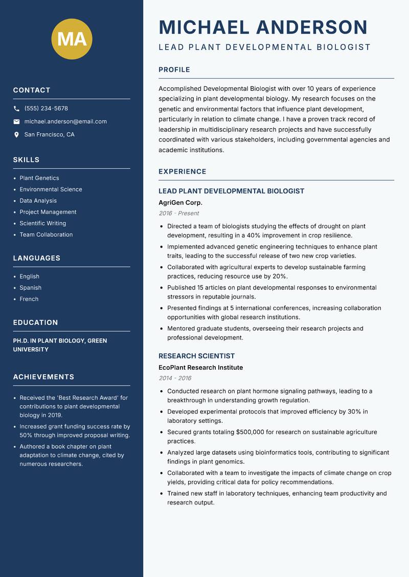 Developmental Biologist resume sample — Lead Plant Developmental Biologist focus